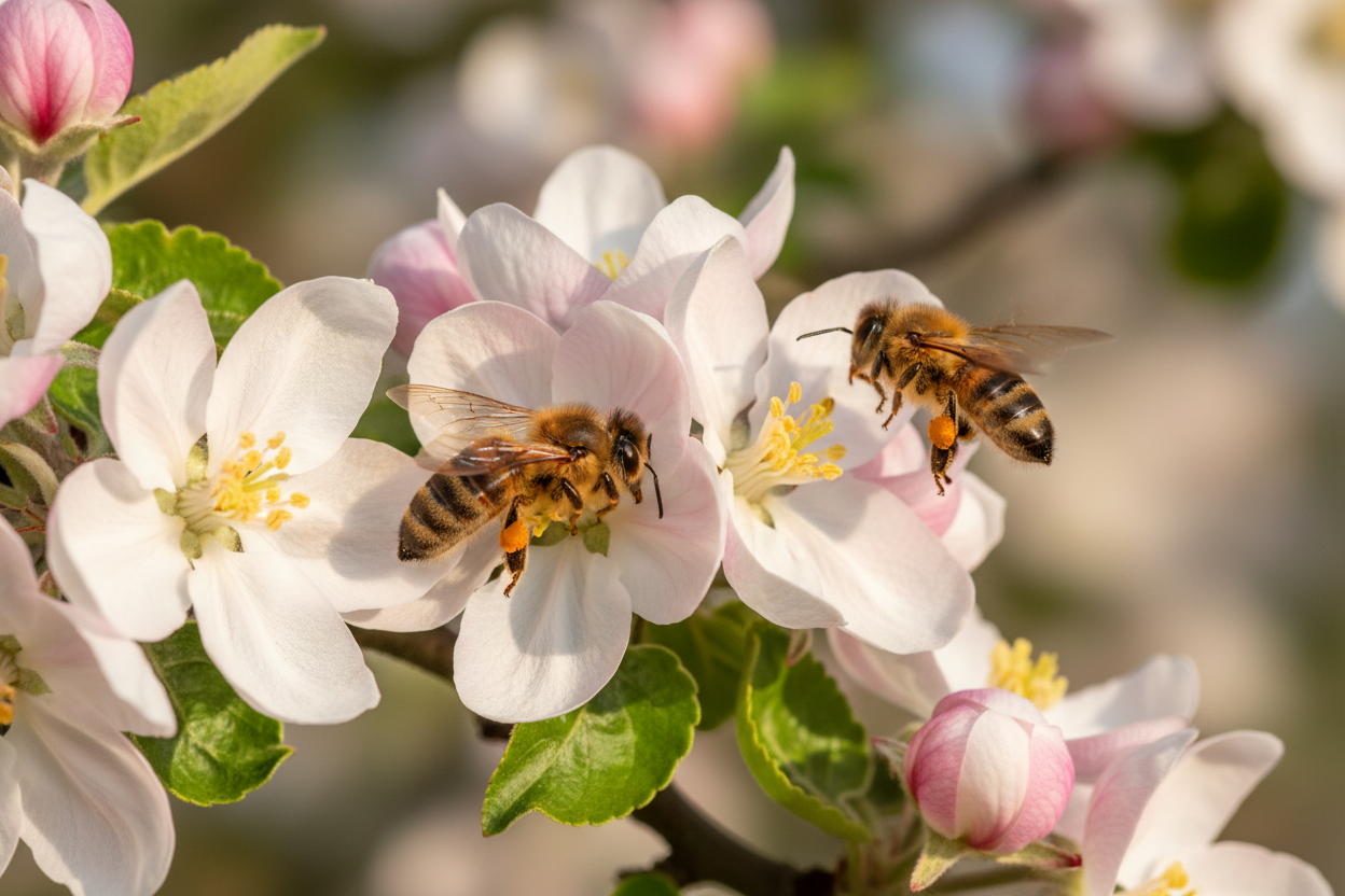 Honeybees on apple blossom